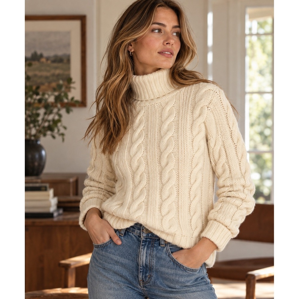 Ralph Lauren Sport Wool Cashmere Cable Knit Turtleneck Sweater Cream Small